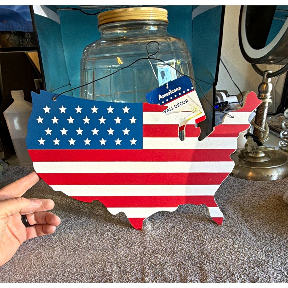 Americana USA Map American Flag Stars & Stripes MDF Hanging Wall Decor Sign